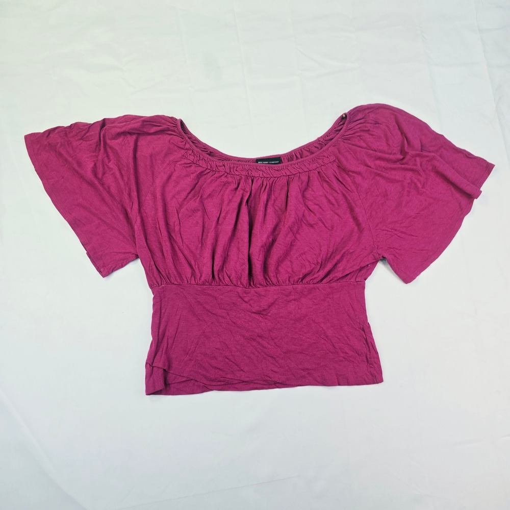 New York & Company Women's Medium Blouse Magenta Flutter Sleeve Empire Waist Top